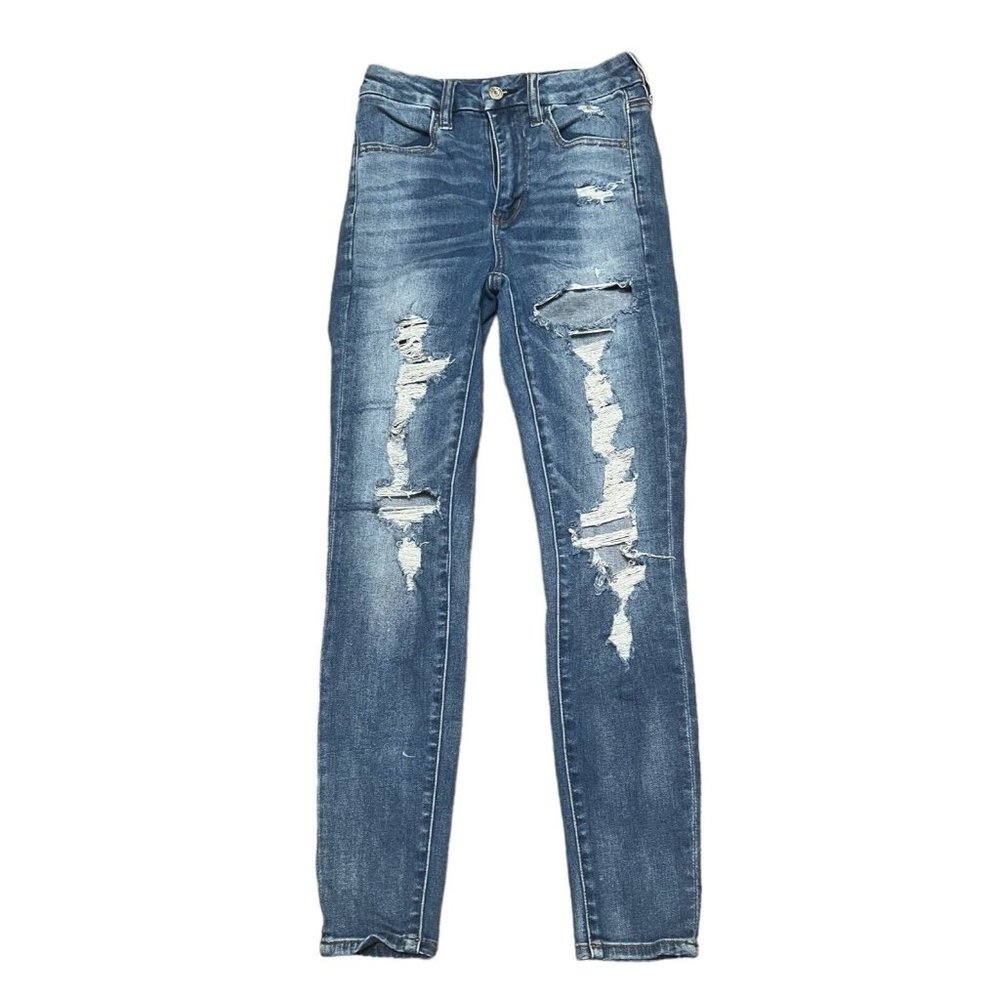 AE American Eagle Curvy Super High Rise Jegging Size 2 Medium Wash‎ Distressed